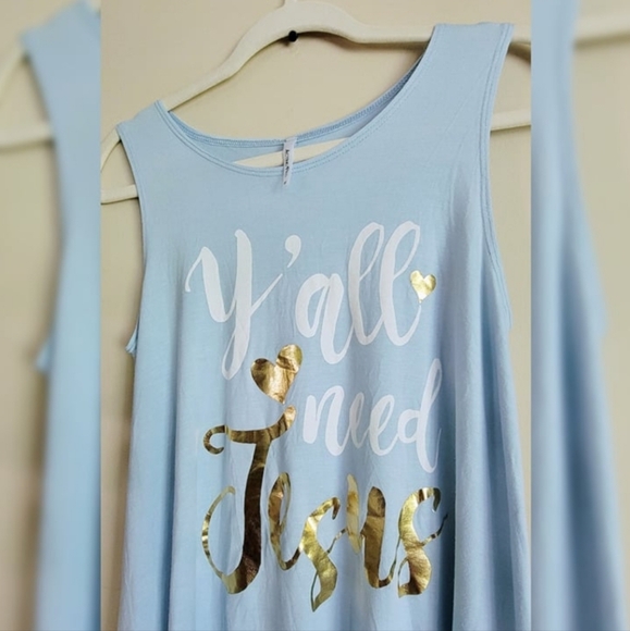 Y'all Need Jesus Flowy Blue & Gold Tanktop (M) - Picture 2 of 4